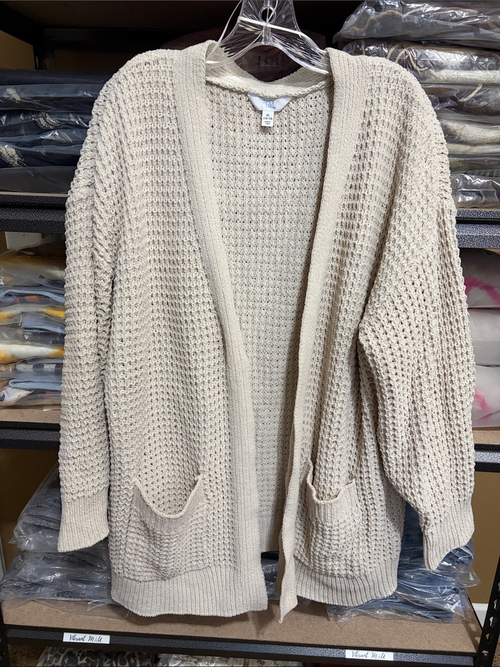 Time and Tru Cream Open-Front Waffle Knit Cardigan